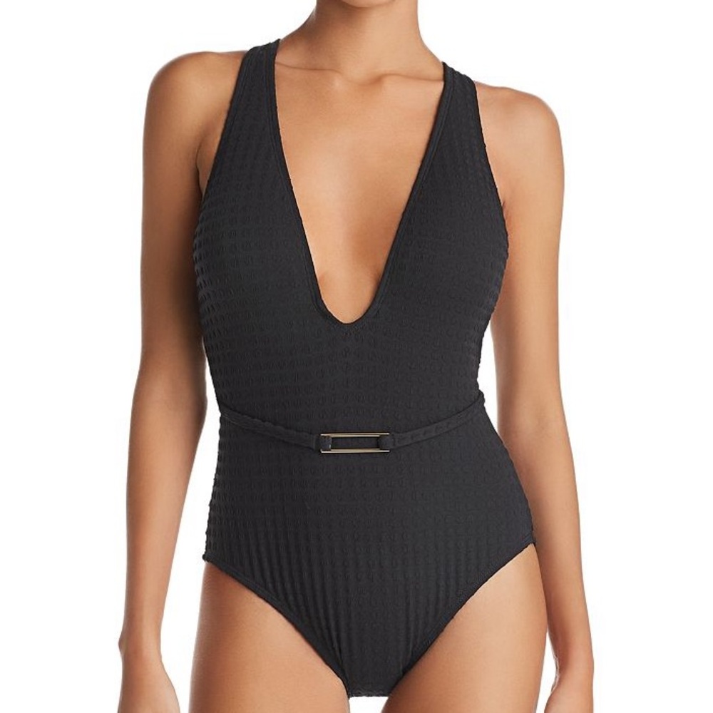 NWT La Blanca Get To The Point Belted Plunge One Piece Swimsuit